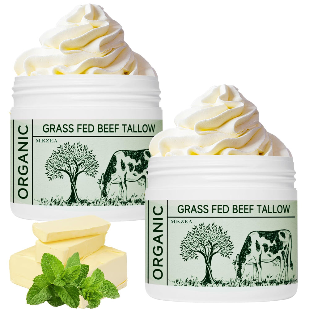 Mkzea beef tallow face cream tub 2-pack provides deep hydration for dry skin.