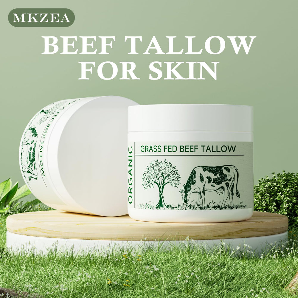 Mkzea unscented beef tallow label indicating pure, natural care.