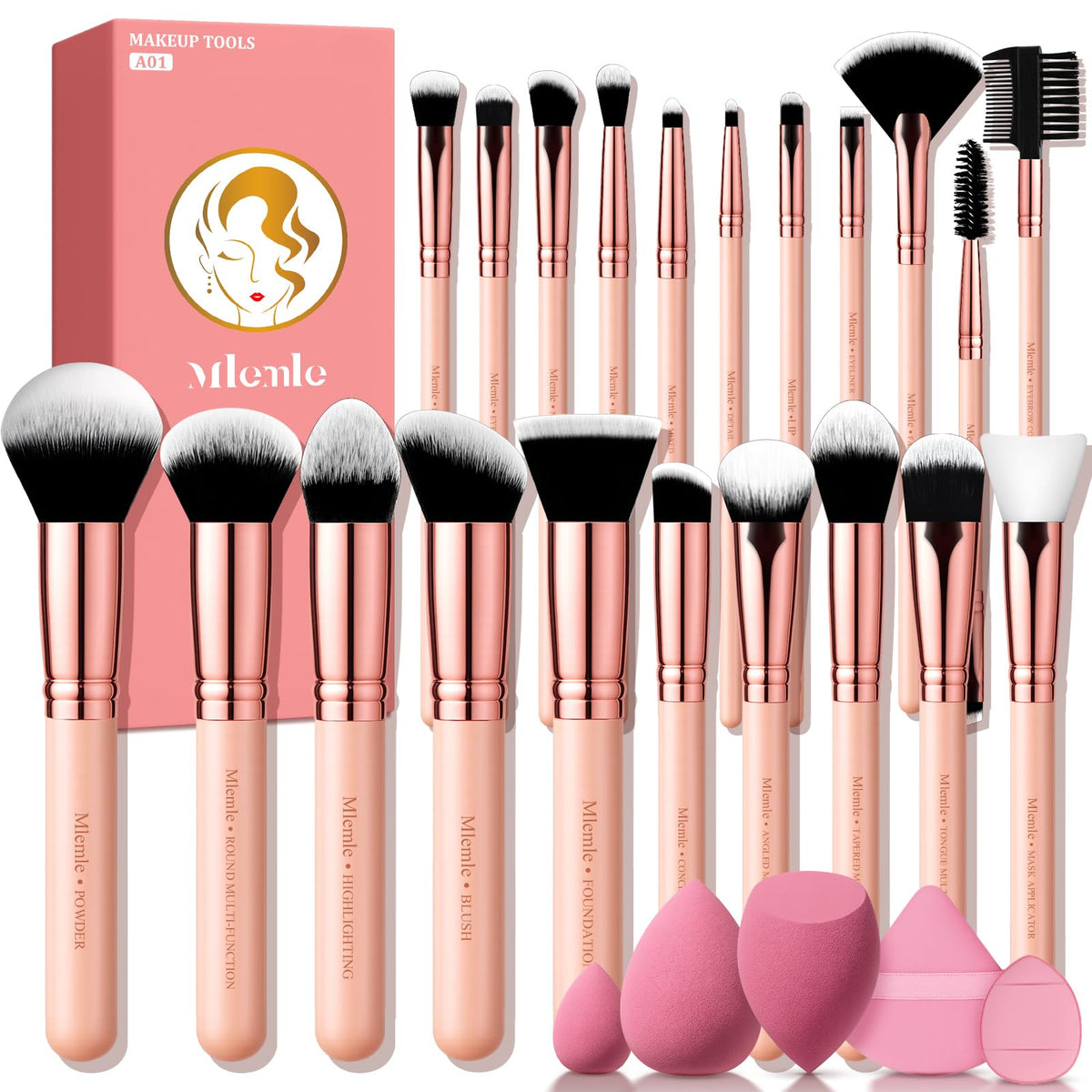 Mlemle makeup brushes set in elegant packaging for gifting and daily use.