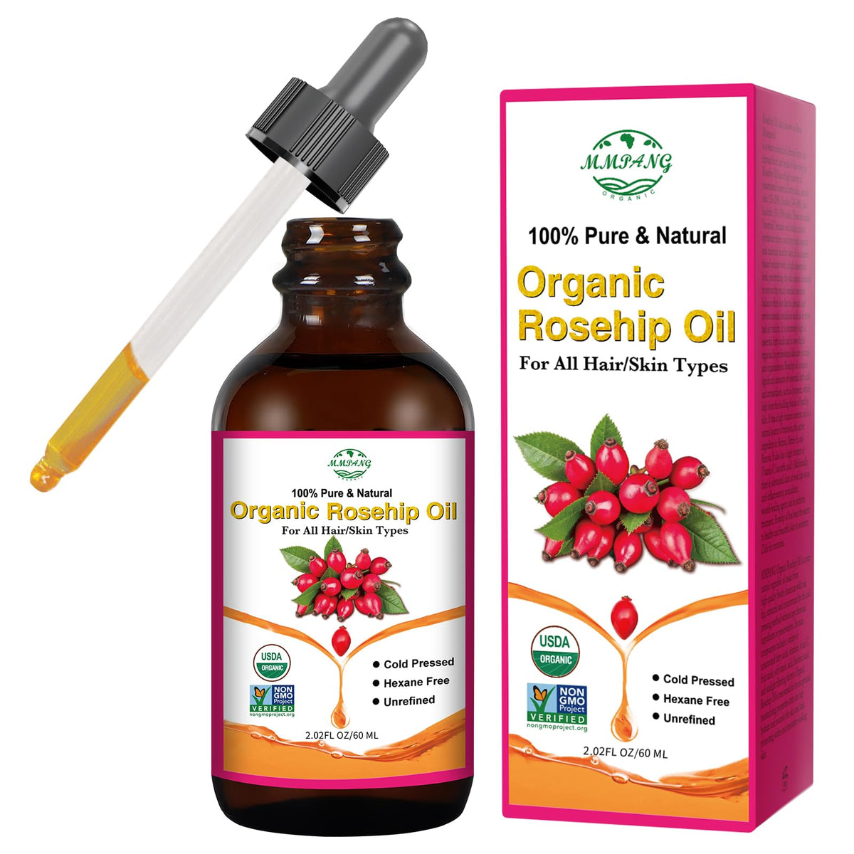 MMPANG Rosehip Oil bottle closeup showing premium organic formula for radiant skin.