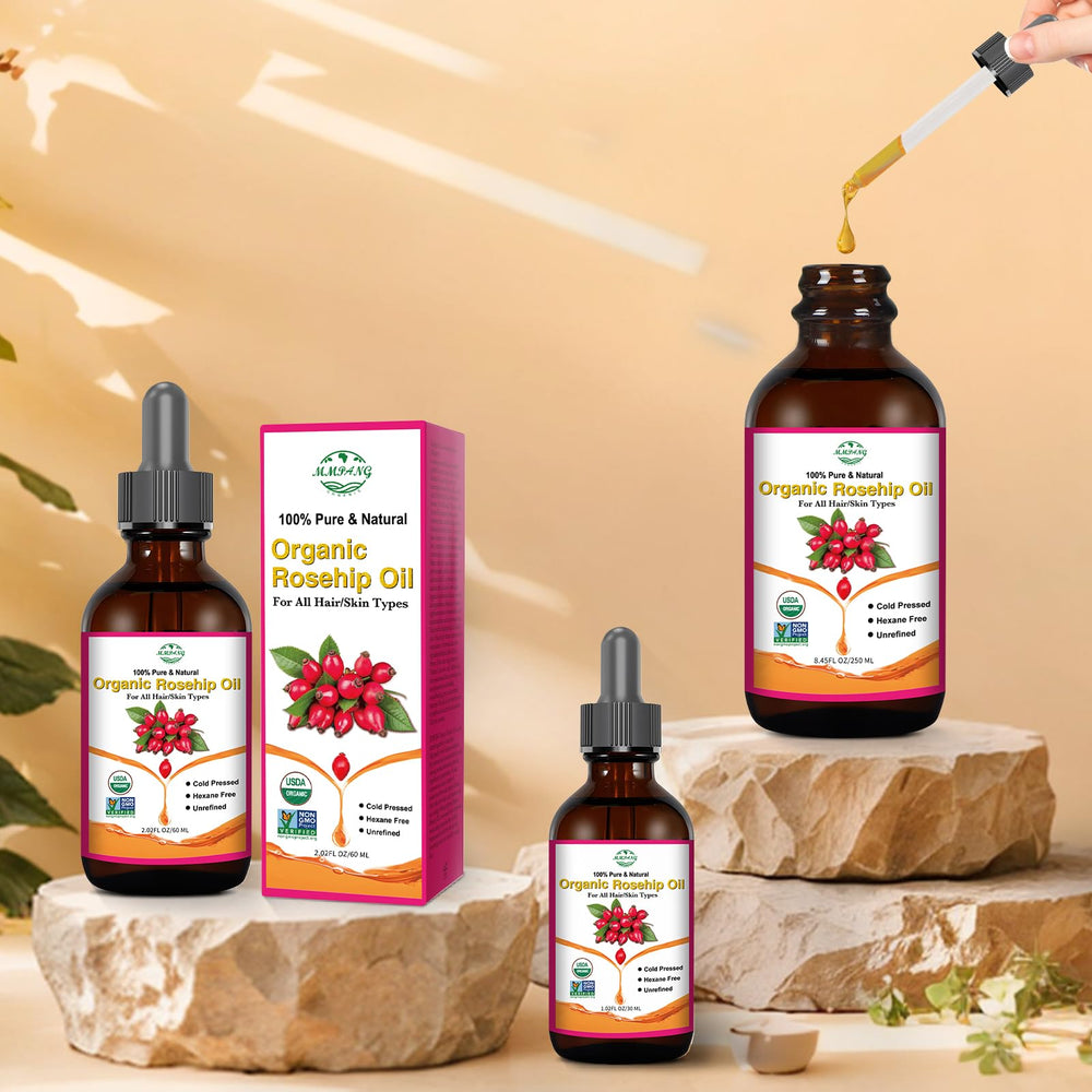 MMPANG Rosehip Oil for hair care nourishes dry, brittle strands.