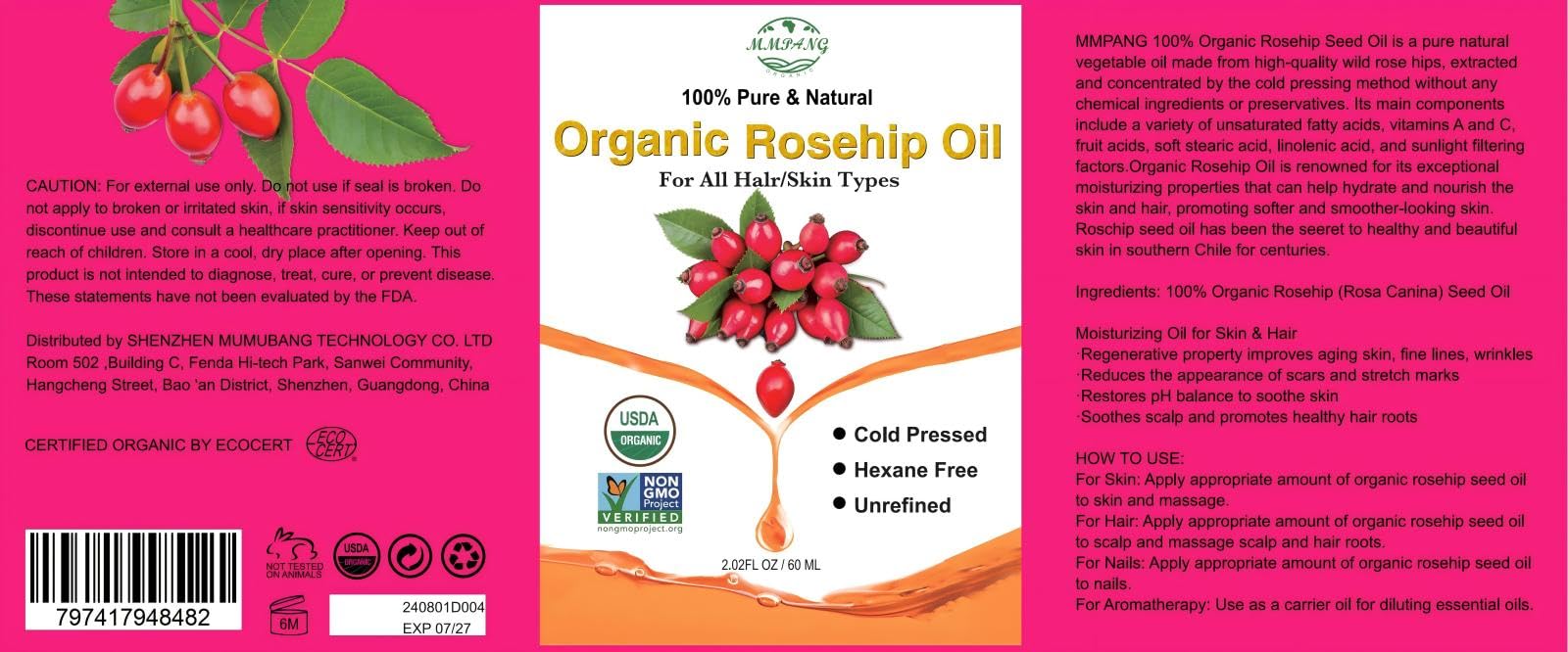 MMPANG Rosehip Oil bottle on plain wood background emphasizes natural origin.