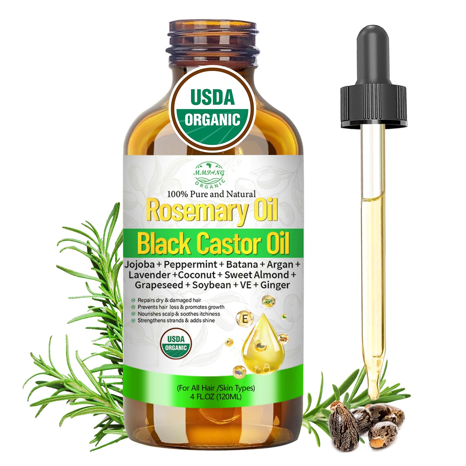 MMPANG rosemary oil bottle closeup highlighting premium cold-pressed formula for healthier, thicker-looking hair