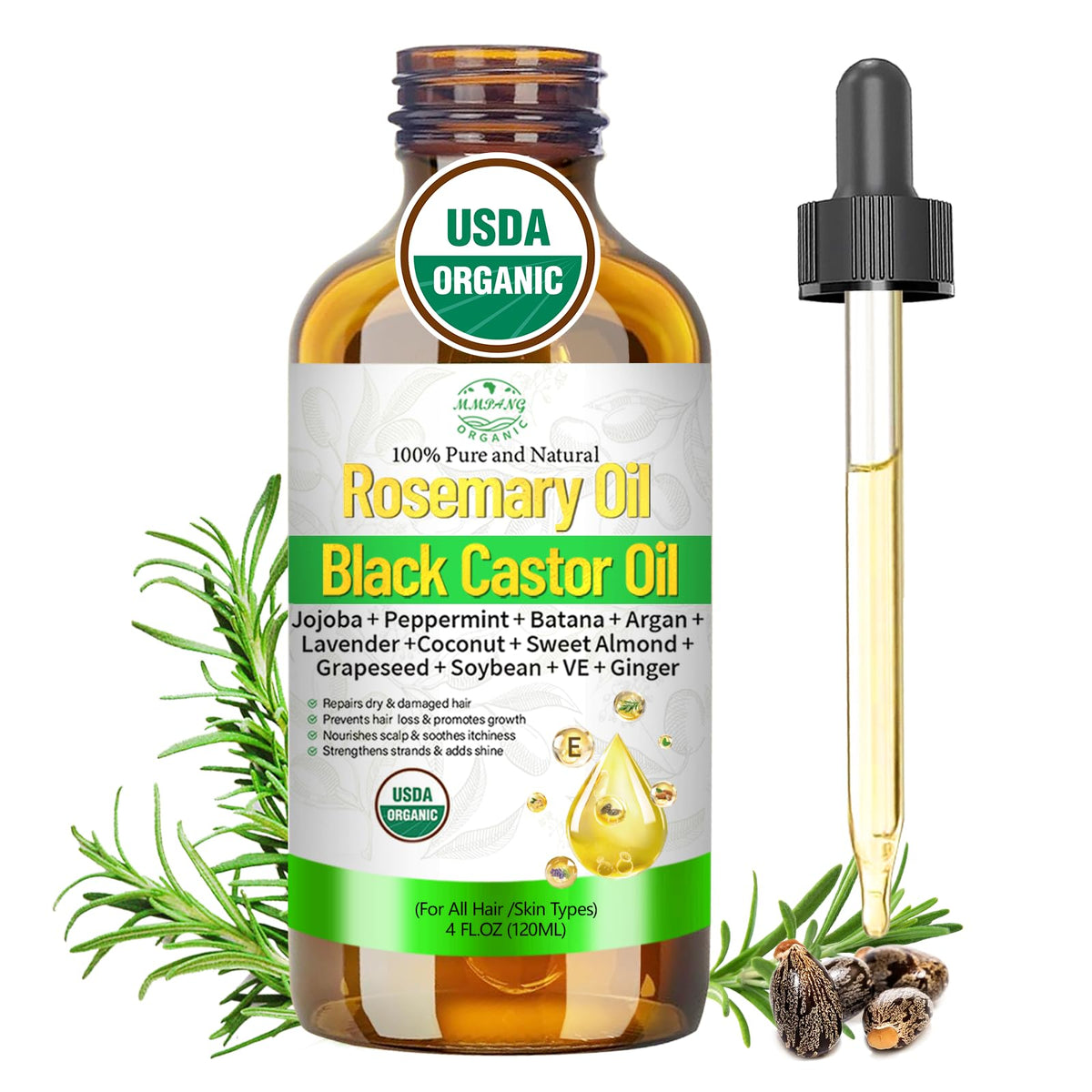 MMPANG rosemary oil bottle closeup highlighting premium cold-pressed formula for healthier, thicker-looking hair