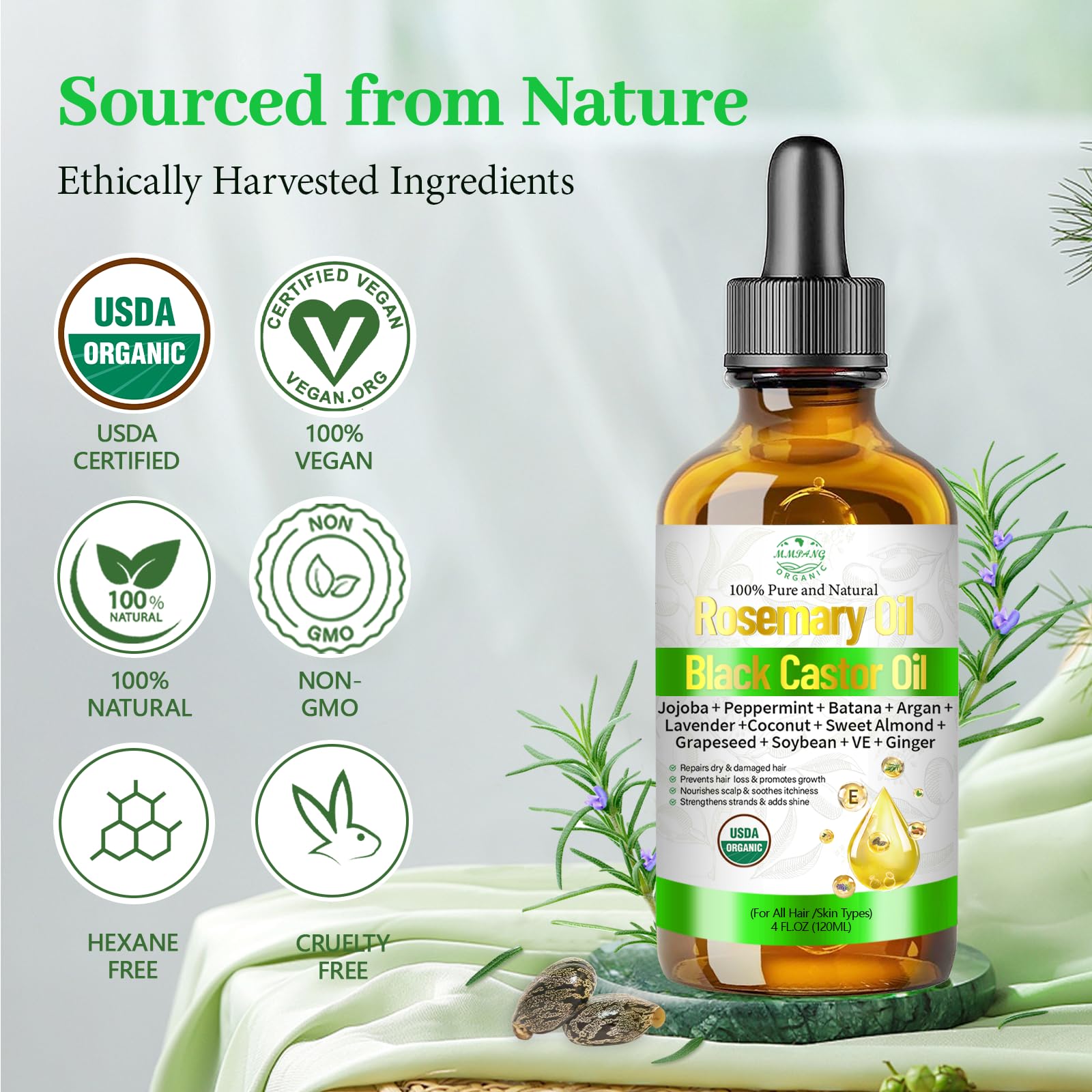 MMPANG rosemary oil brittle-hair repair closeup suggests conditioning benefits and breakage prevention