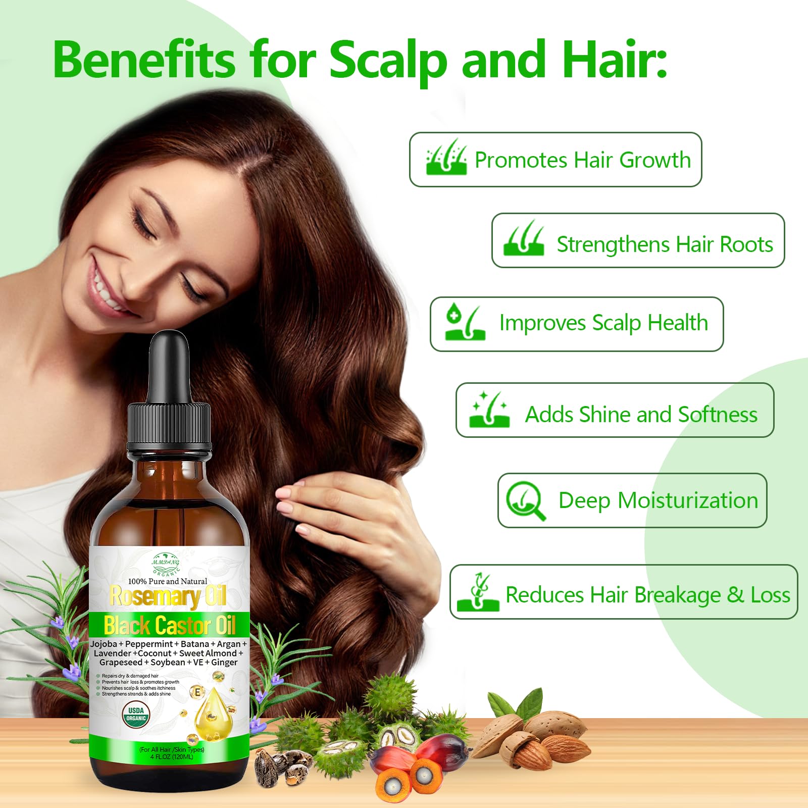 MMPANG rosemary oil ingredients label showing organic components for clean, pure hair care