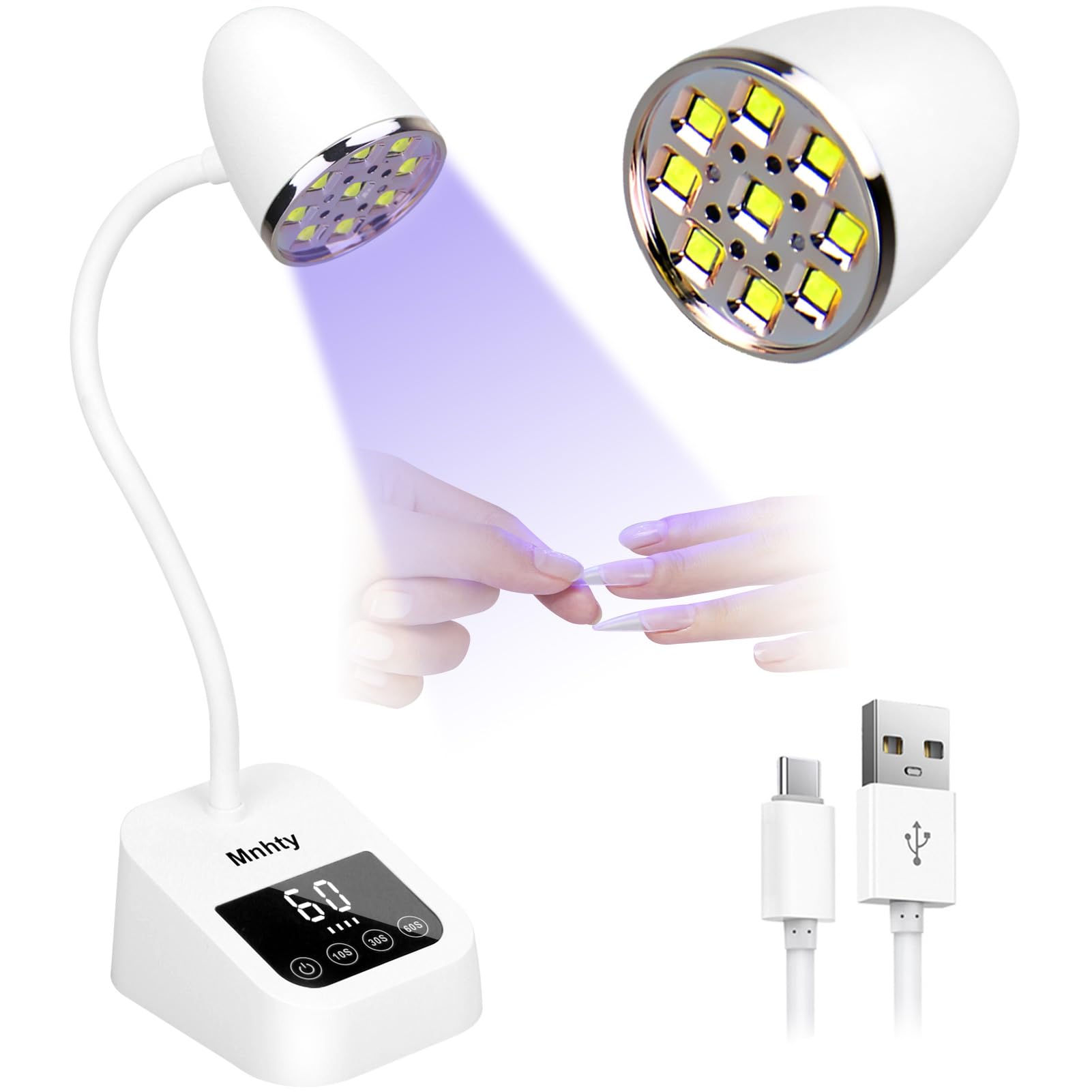 Mnhty gooseneck UV nail lamp front view for precise gel curing at home