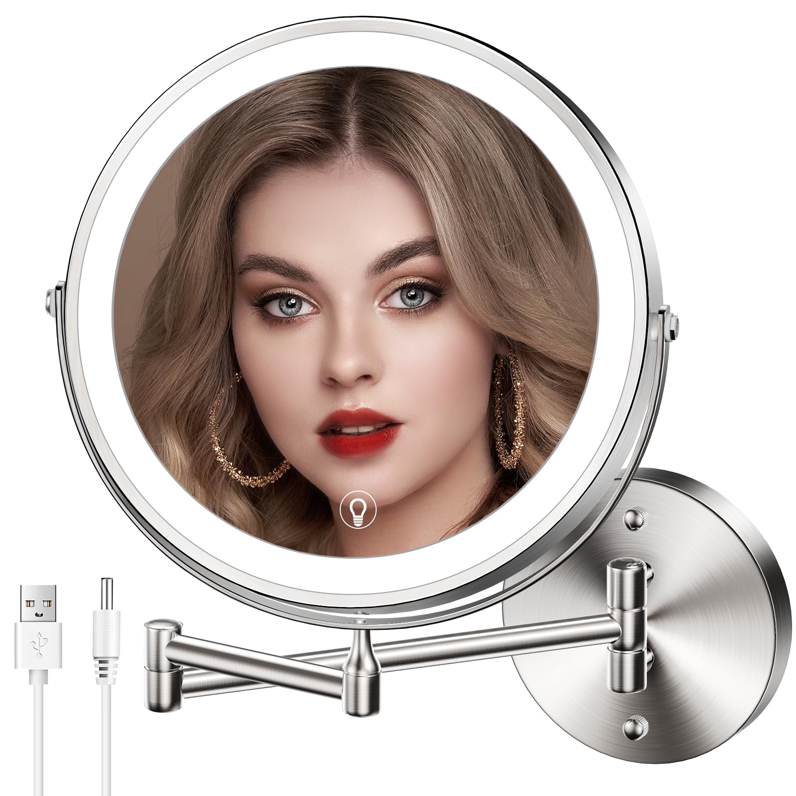 MNIENT wall-mounted makeup mirror 8-inch with LED lights for accurate makeup application.