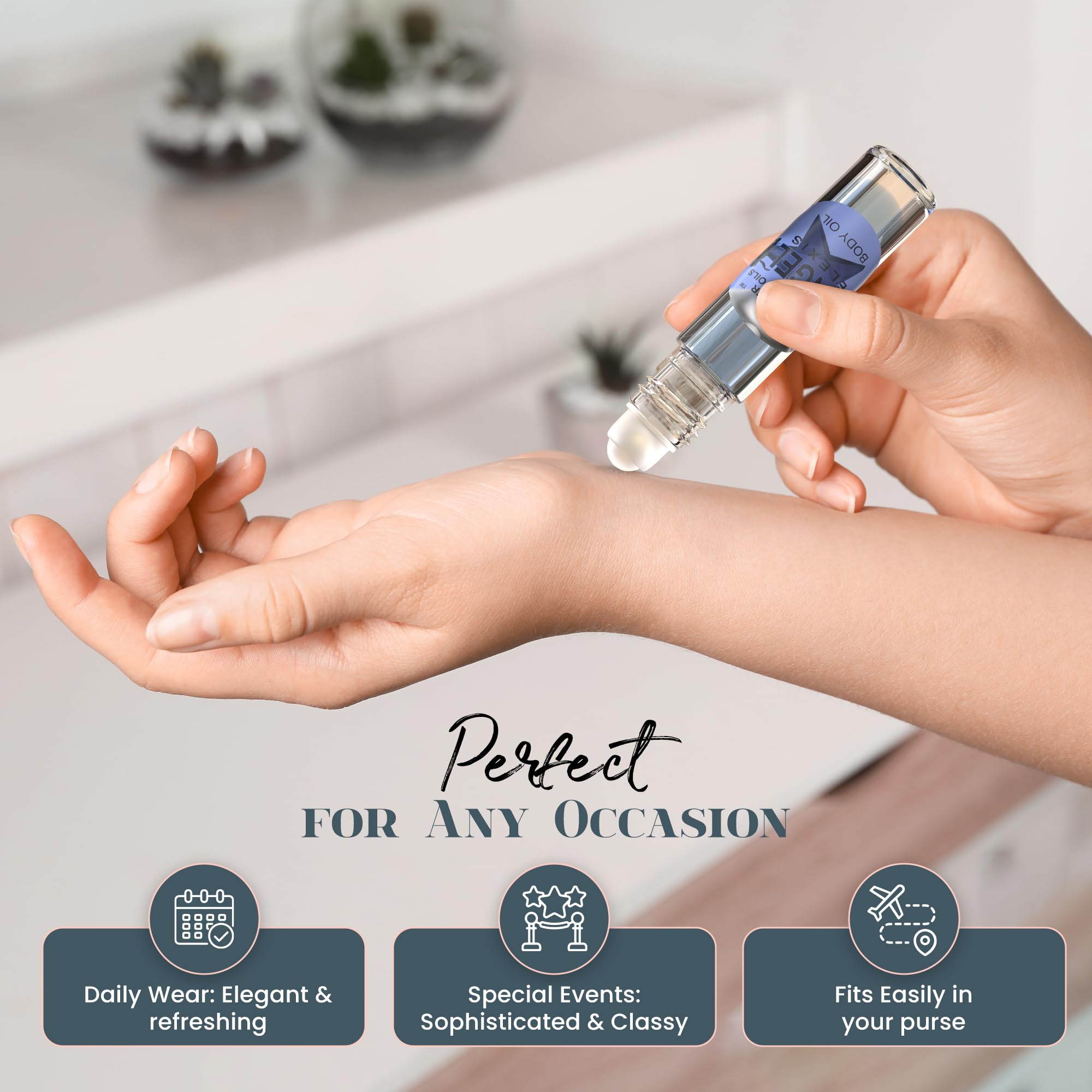 MOBETTER Angel Elexis roll-on applied on the wrist for all-day aroma