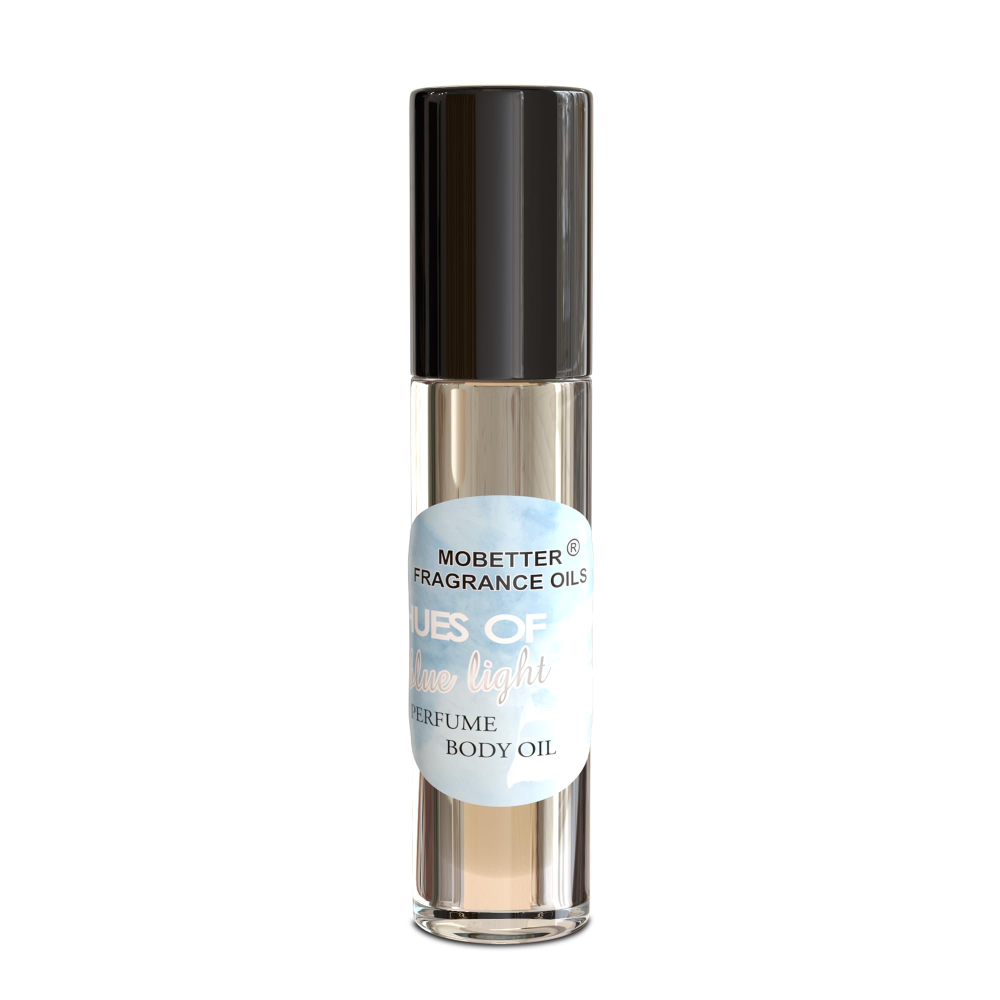 MOBETTER FRAGRANCE OILS Hues of Blue Light label highlights alcohol-free formula for a light application.