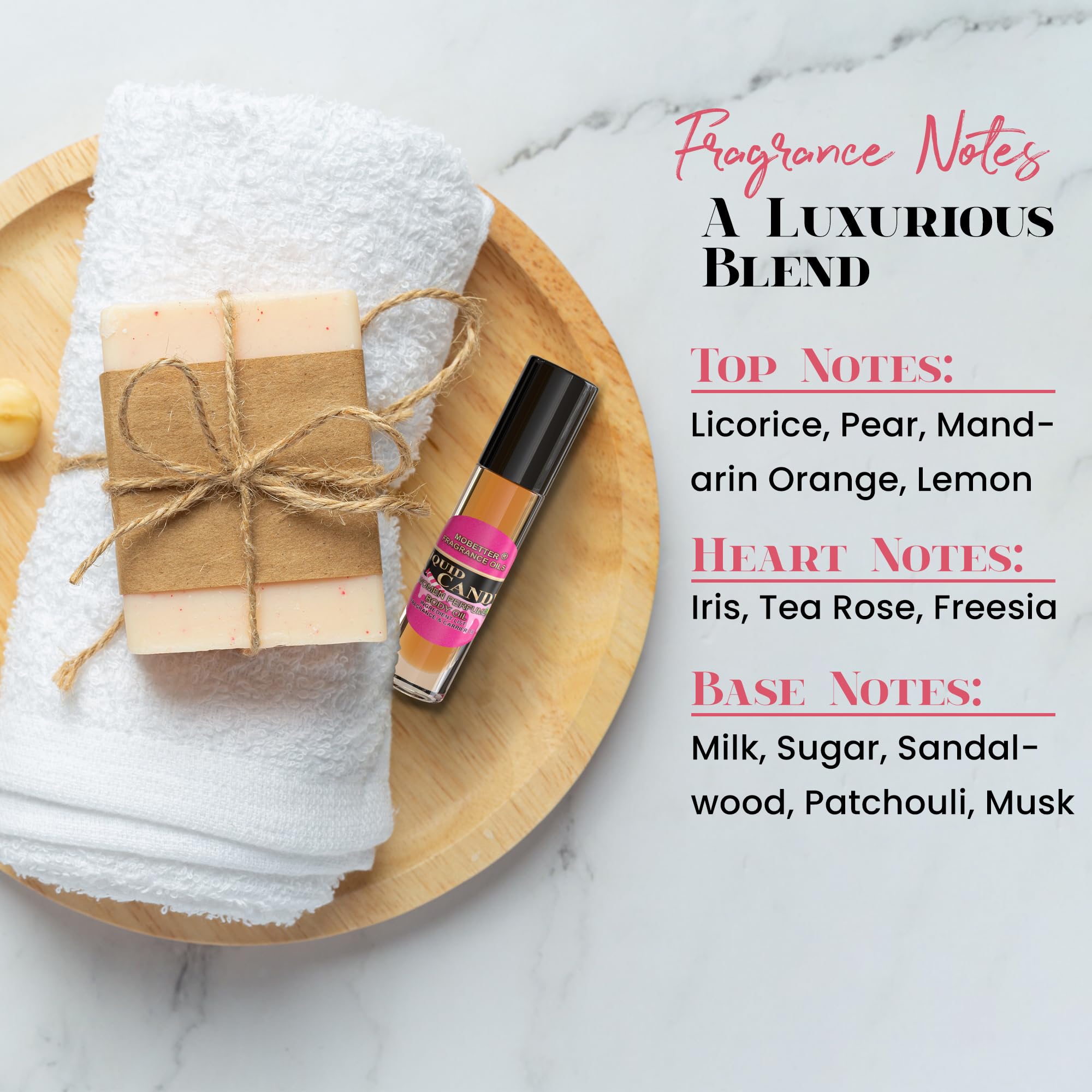 MOBETTER Fragrance Oils Liquid Candy label close-up emphasizes alcohol-free formula
