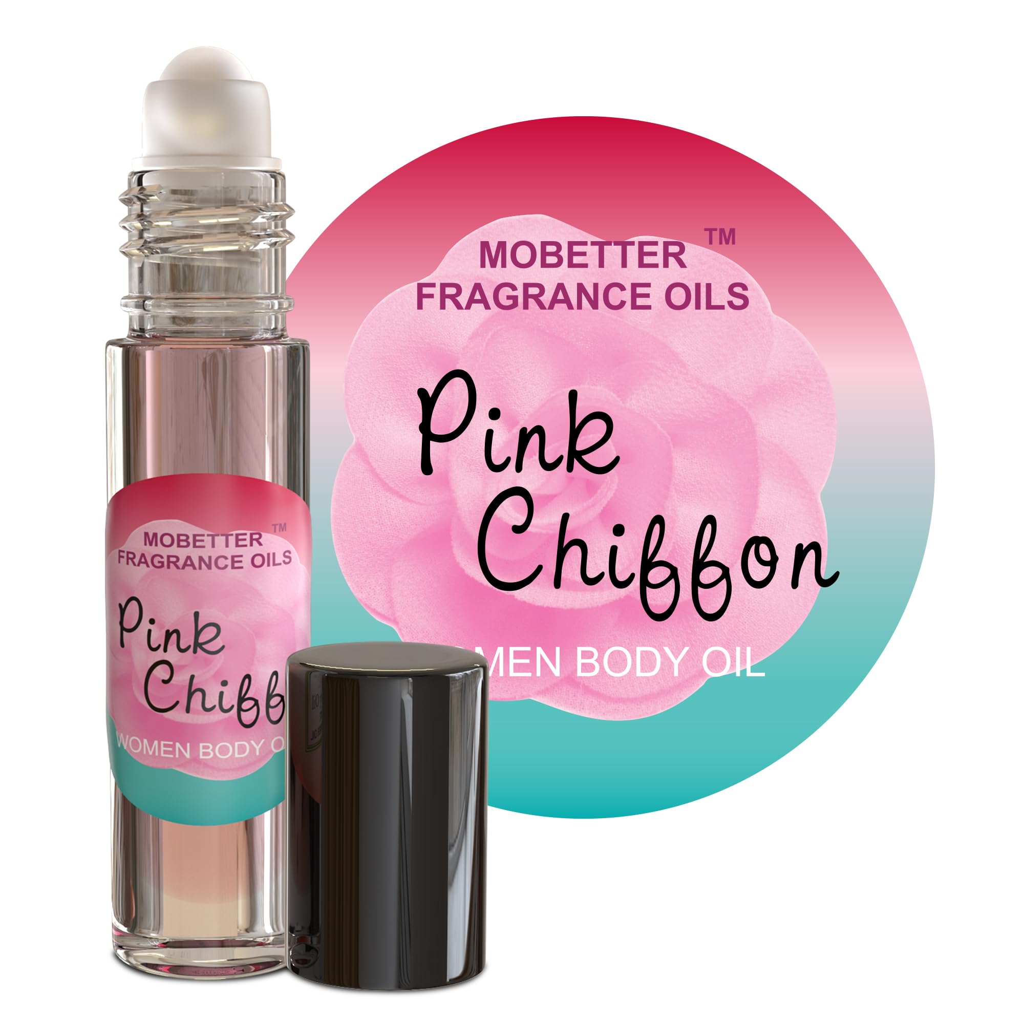 MOBETTER FRAGRANCE OILS Pink Chiffon bottle close-up shows rich, long-lasting fragrance.