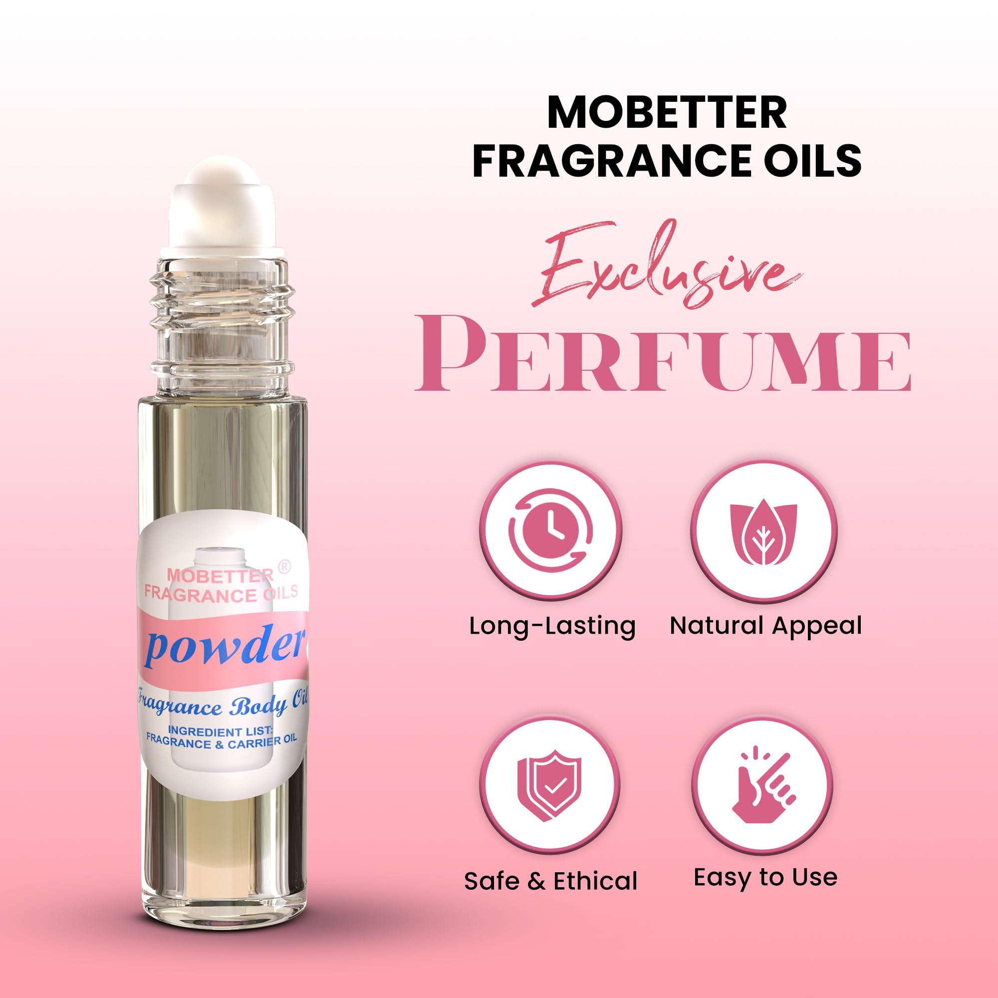 MOBETTER FRAGRANCE OILS powder fresh scent packaging highlights travel-friendly design