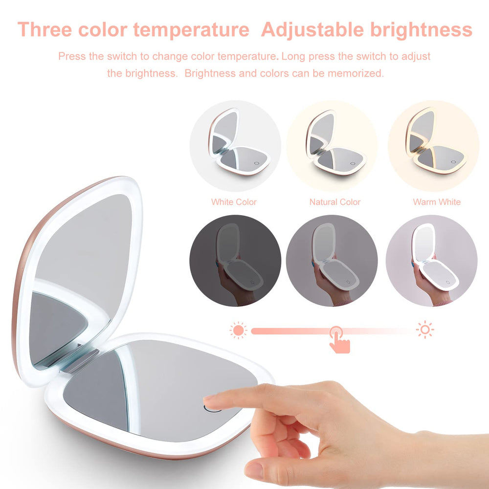 Mocado compact LED magnifying travel mirror dimming button shows adjustable lighting.