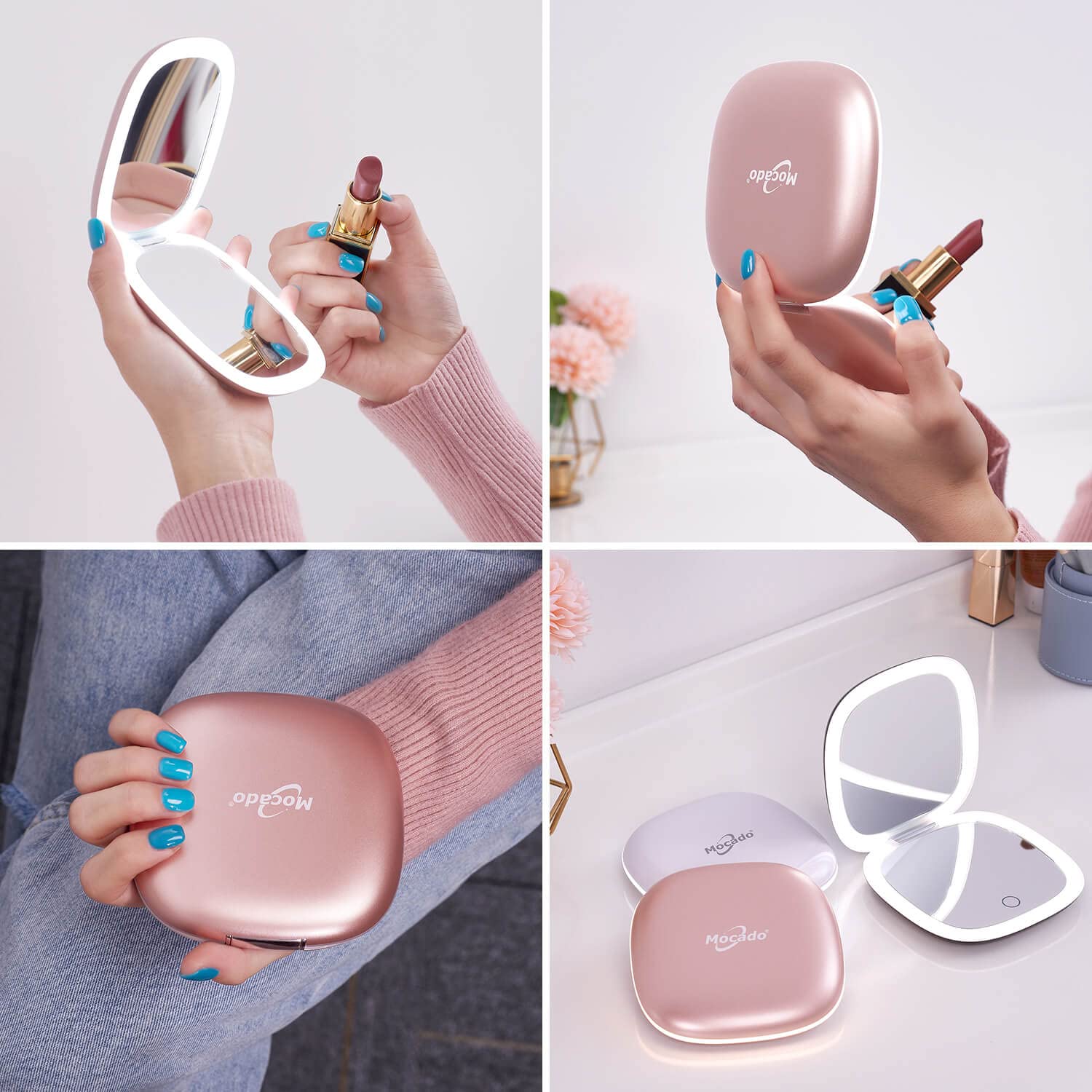 Mocado compact LED magnifying travel mirror pocket size highlights easy handbag storage.