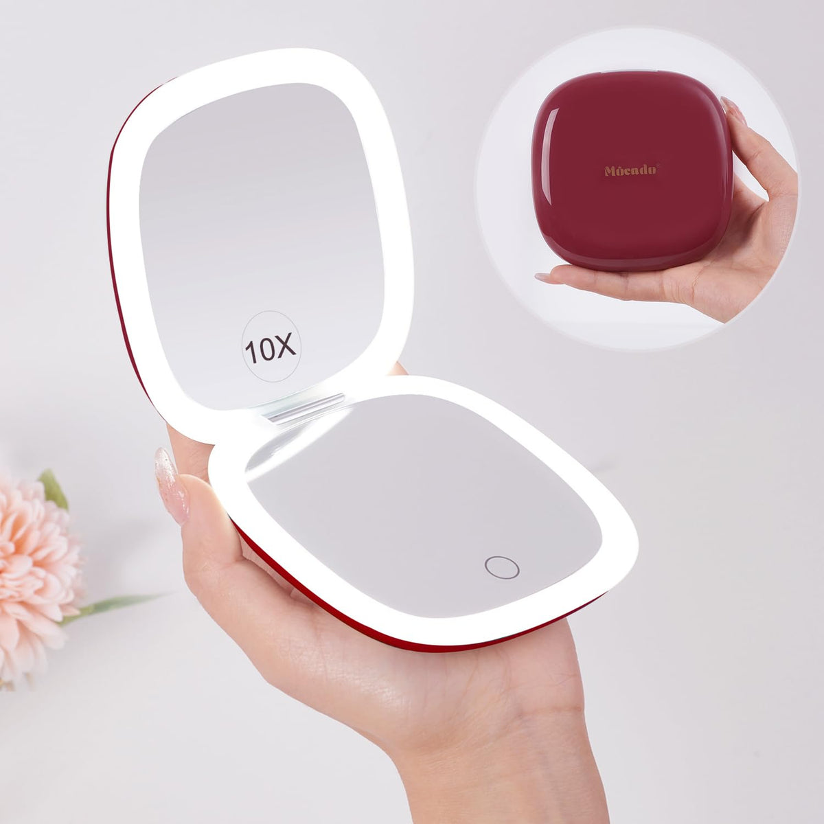 Mocado compact LED travel mirror front view highlights portable, purse-friendly design for quick makeup checks