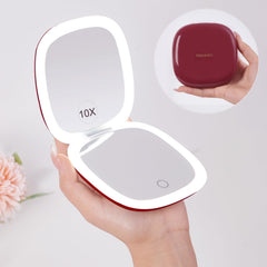 Mocado compact LED travel mirror front view highlights portable, purse-friendly design for quick makeup checks