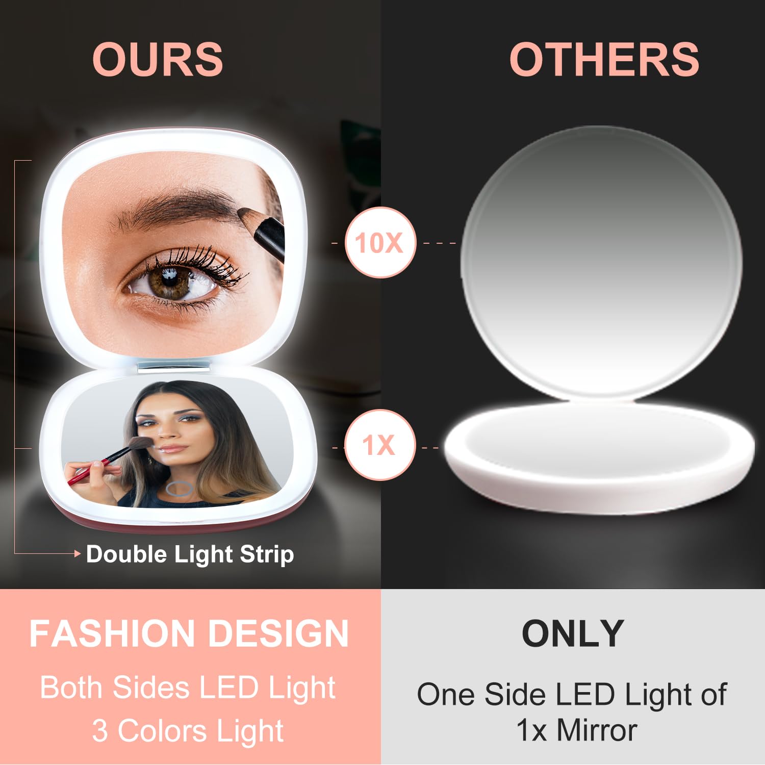 Mocado travel mirror features dimmable lighting for different rooms or outdoor sessions