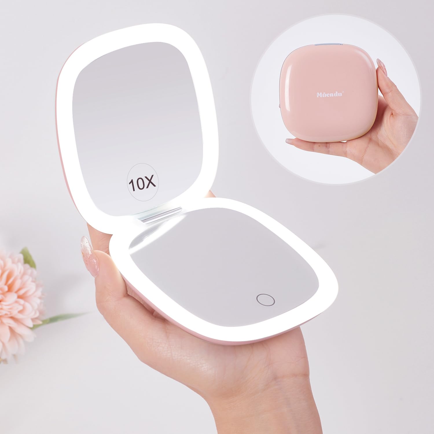 Mocado compact LED travel mirror pink with 1x/10x magnification for overall makeup checks