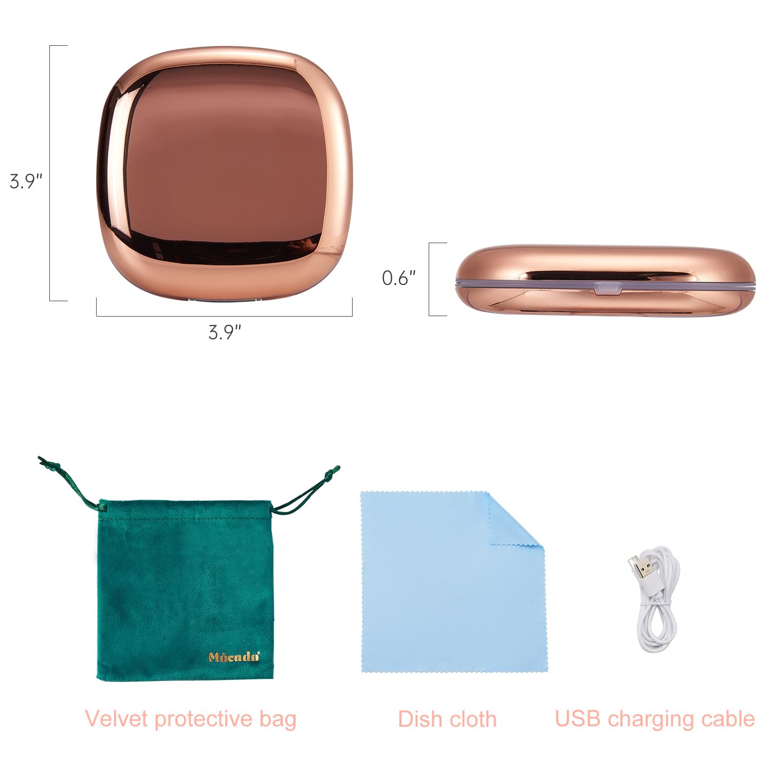 Mocado compact LED travel mirror rose gold with 1X and 10X magnification for detailed work.
