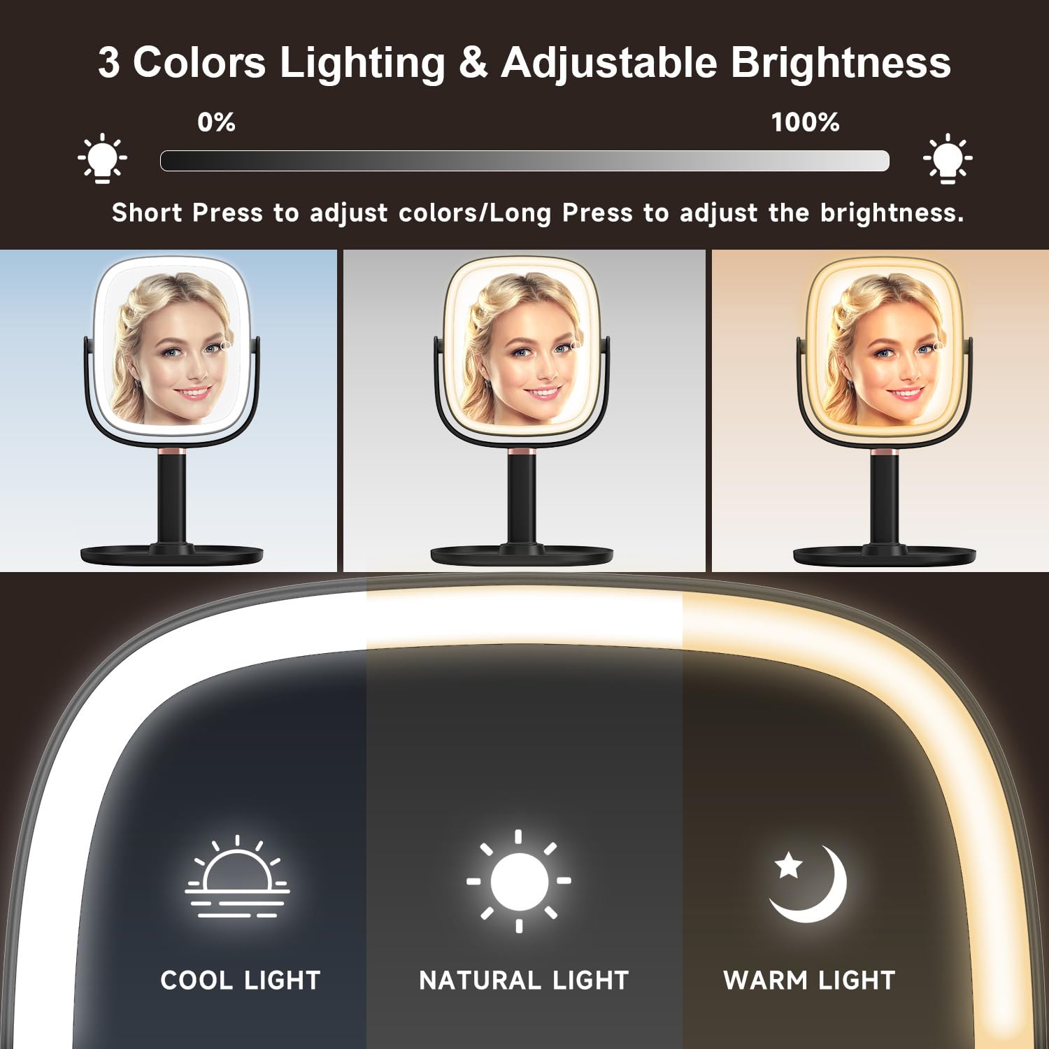 Mocado mirror height-adjust feature for varied table heights
