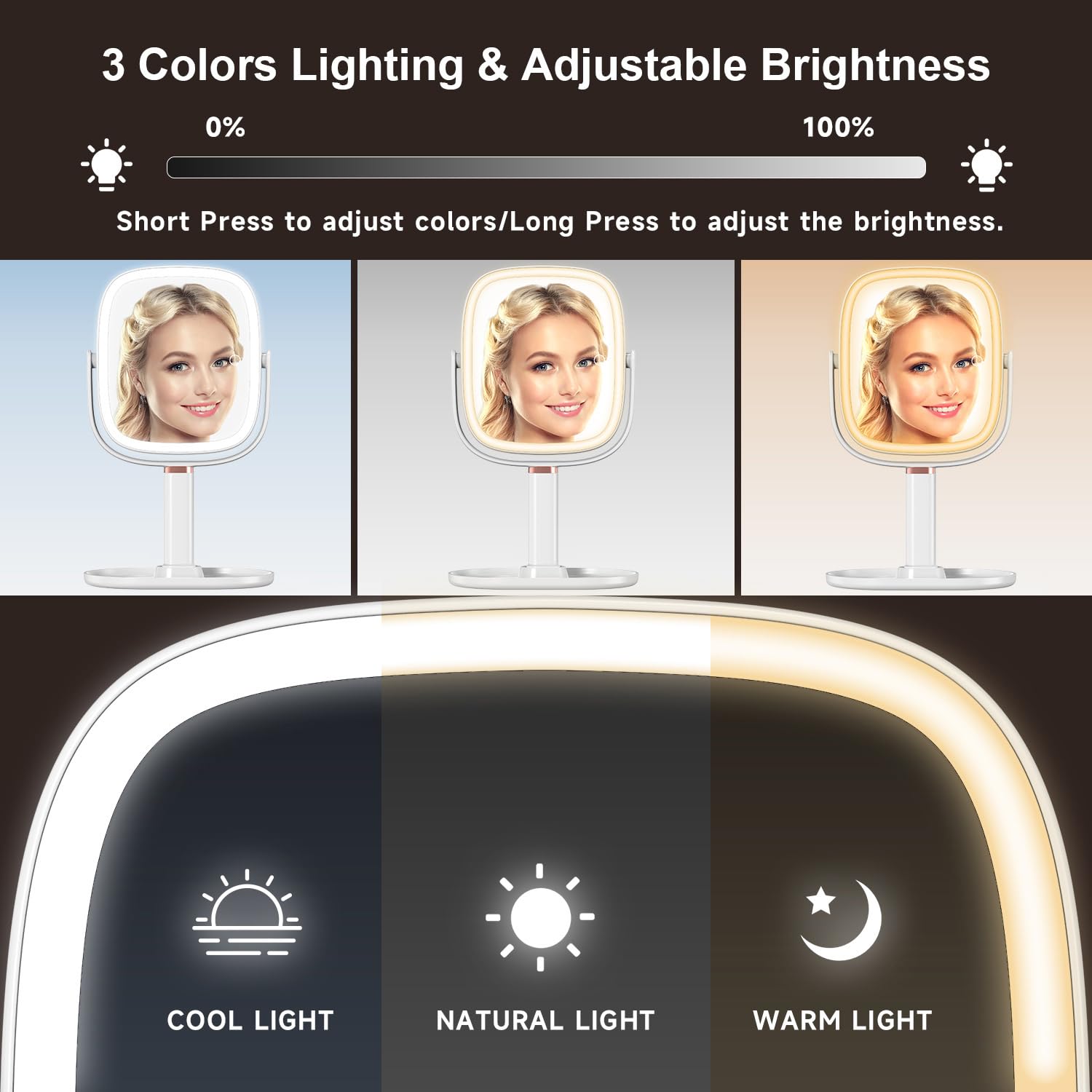 Mocado makeup mirror height adjustable to suit different desks.