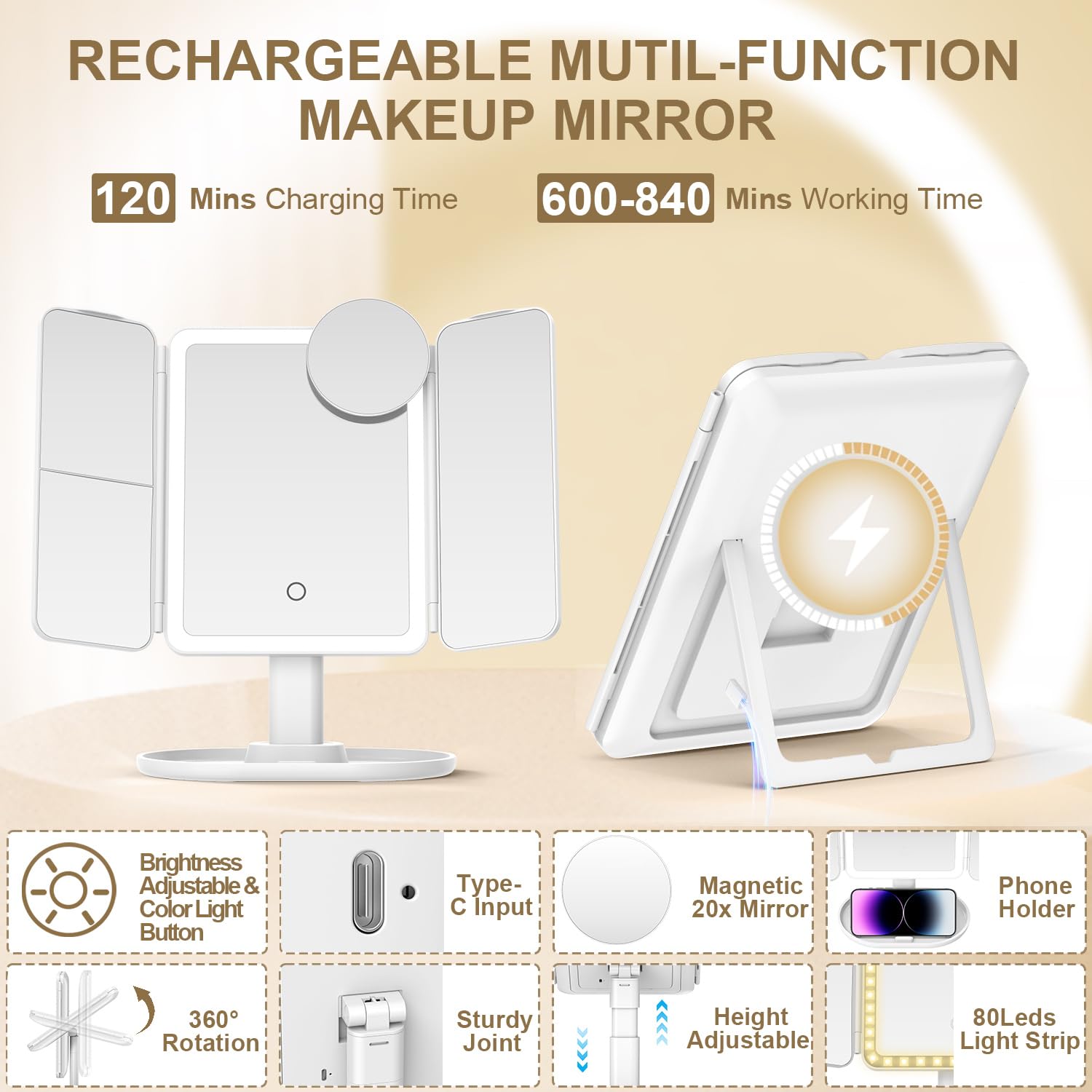 Mocado makeup mirror USB-C charging enables quick recharge and portability