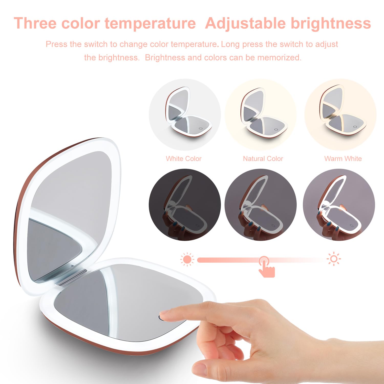 Mocado rose gold travel mirror focusing on 2–3 inch distance for 10X detail.