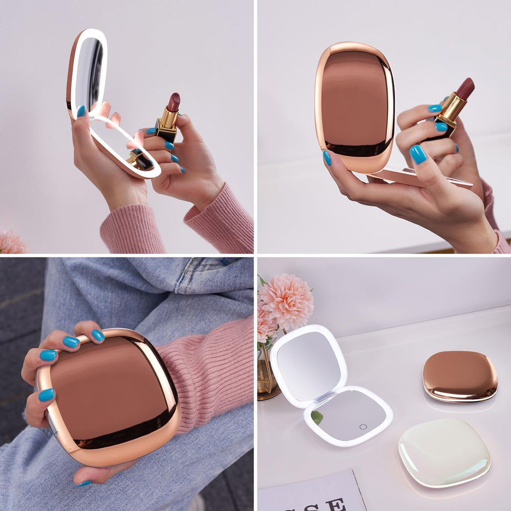 Mocado rose gold travel mirror in pocket-size form for easy portability.