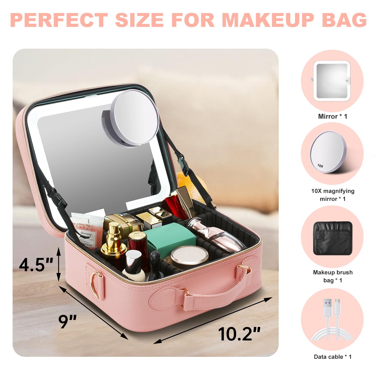 Mocado pink makeup bag interior shows durable synthetic leather and waterproof design.