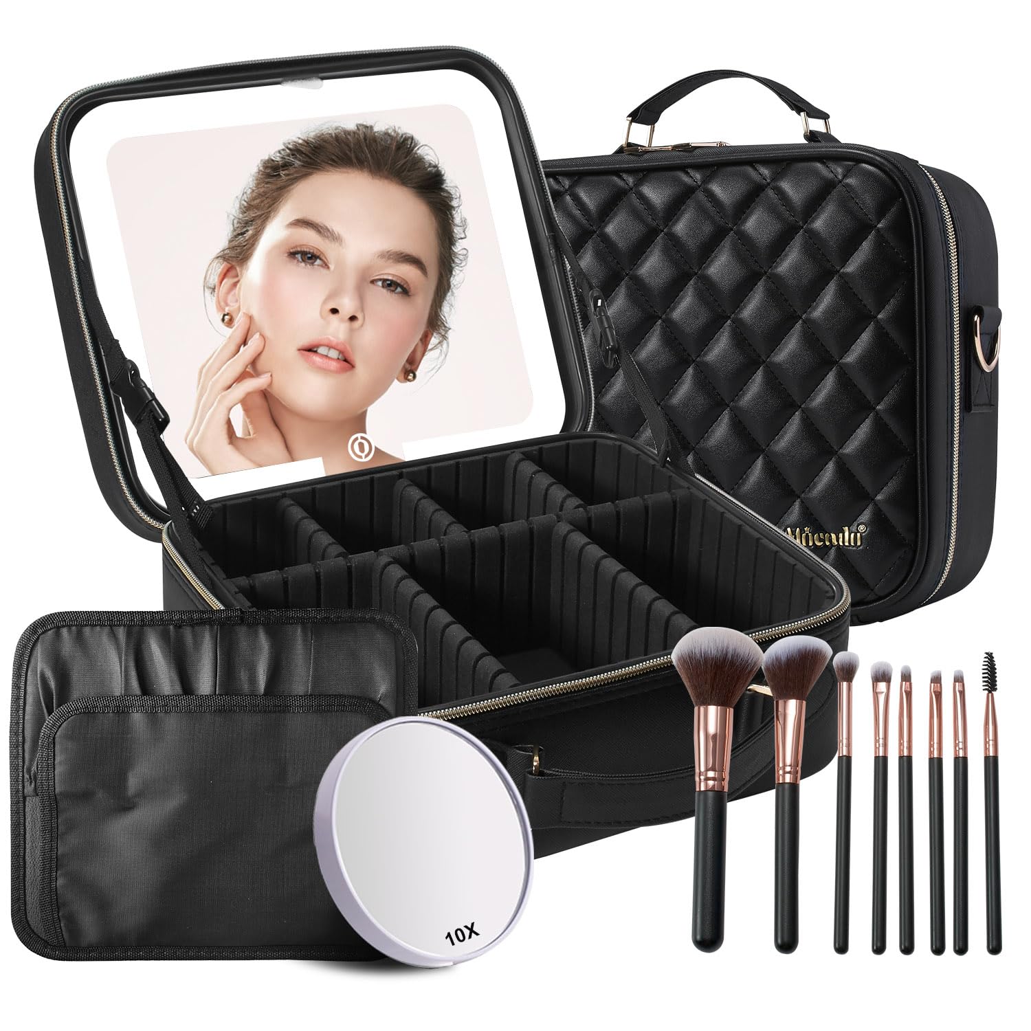 Mocado travel makeup bag LED mirror provides bright on-the-go illumination for precise makeup.
