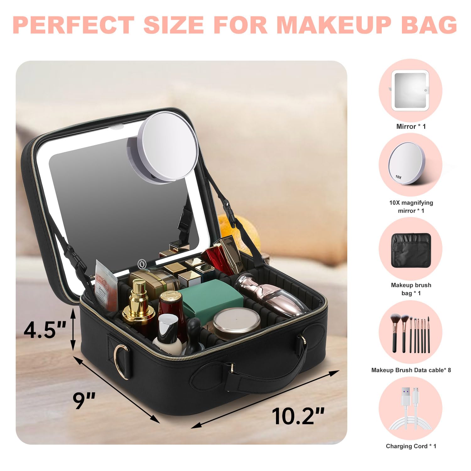 Mocado travel makeup bag mirror provides bright, adjustable lighting for precise touchups.