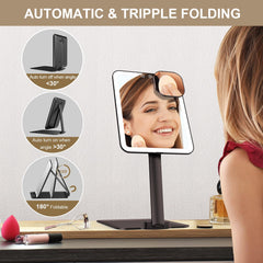 Mocado travel makeup mirror light side view showing slim foldable design for packing.