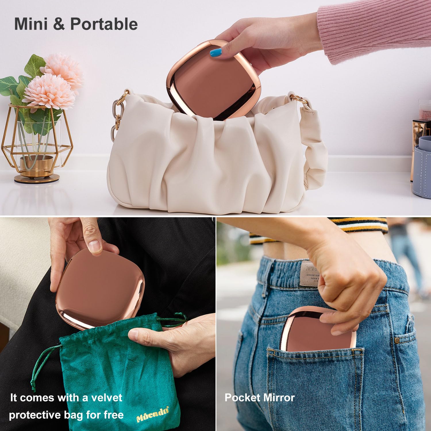 Mocado velvet storage pouch included to protect the mirror during transit.
