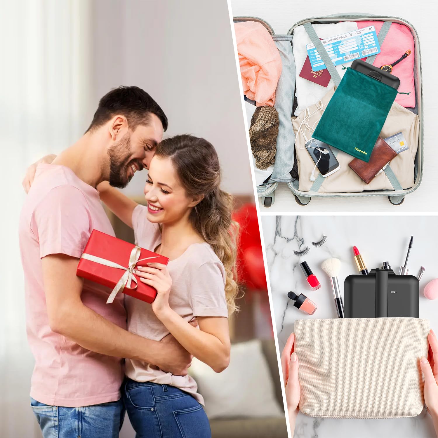 Mocado velvet travel bag included for safe storage during trips.