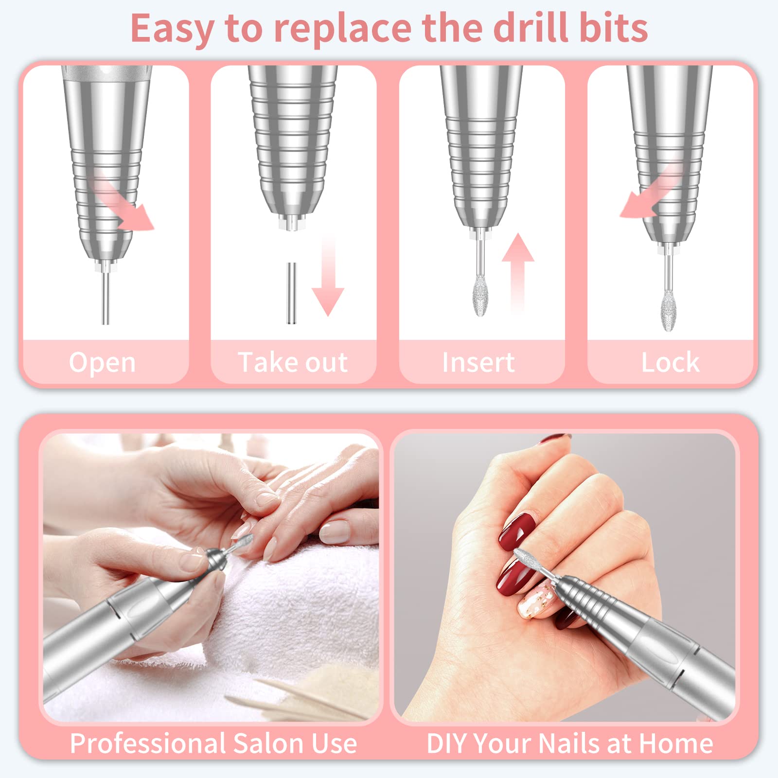MOCOWIND low heat quiet operation image underscores comfortable nail shaping sessions.