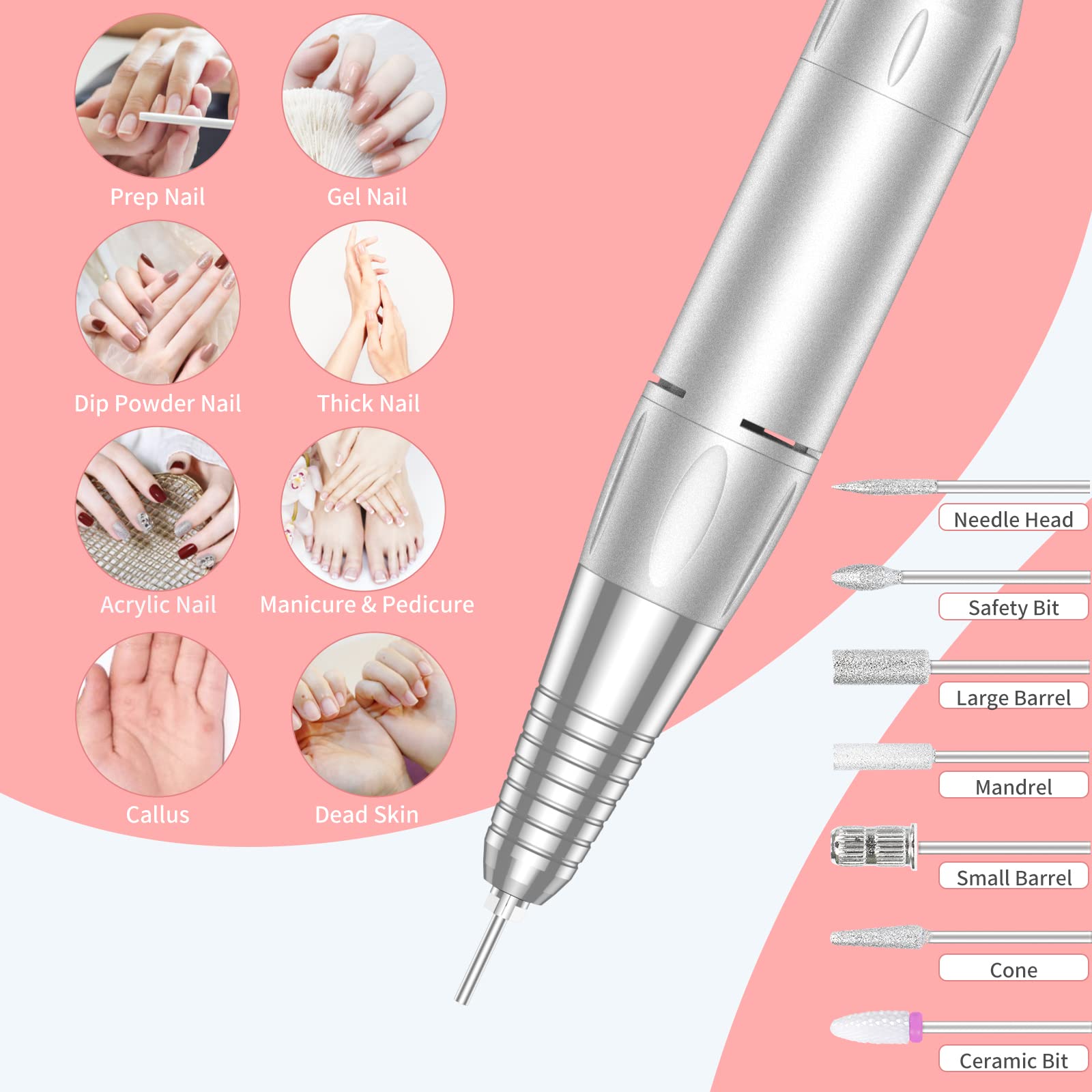 MOCOWIND nail drill rechargeable battery shows long runtime for all-day use.