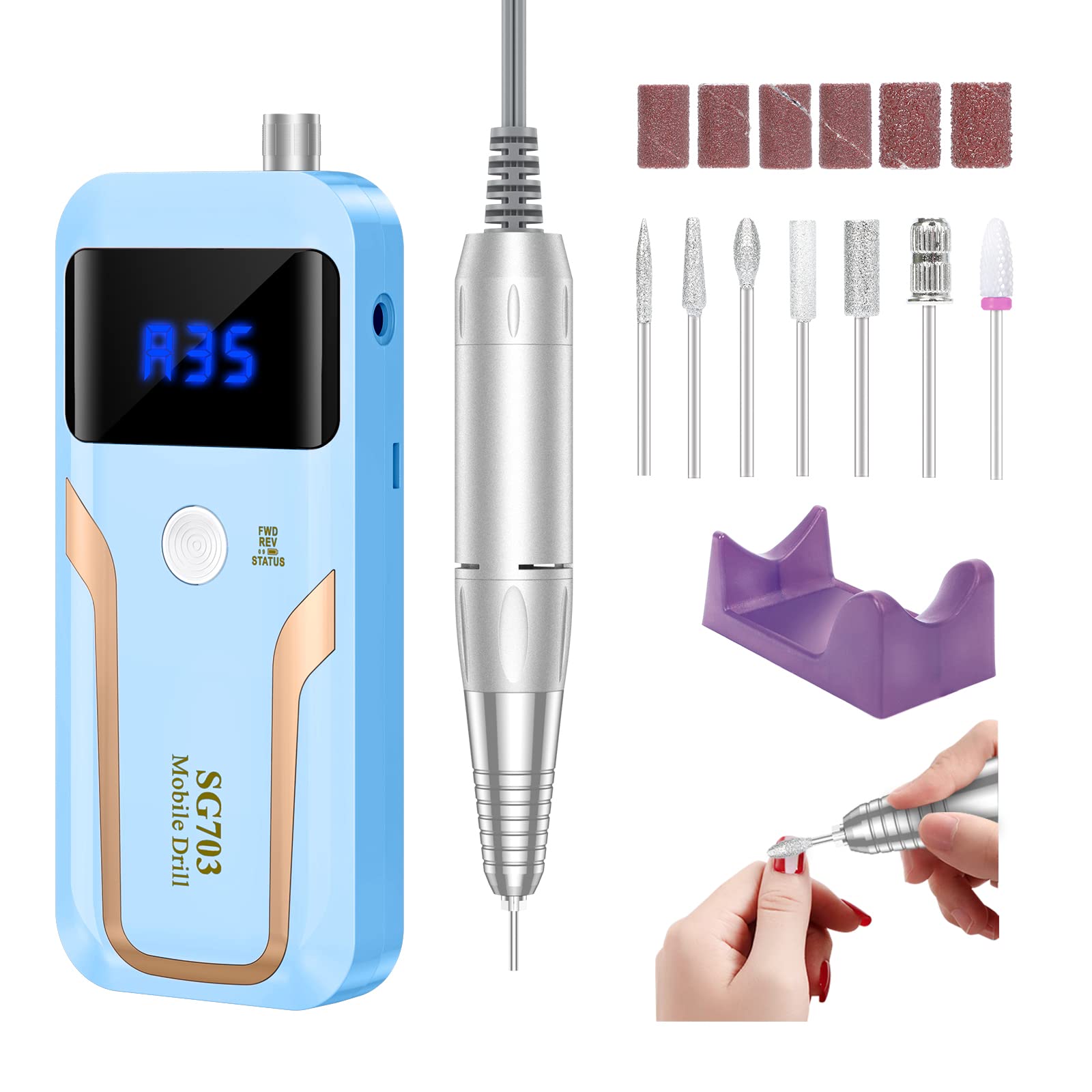 MOCOWIND portable nail drill 35000rpm blue shows cordless convenience for on-the-go manicures.