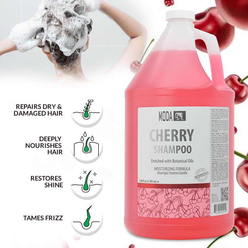 MODA Cherry Shampoo lather closeup—creamy cleanse that leaves hair refreshed.