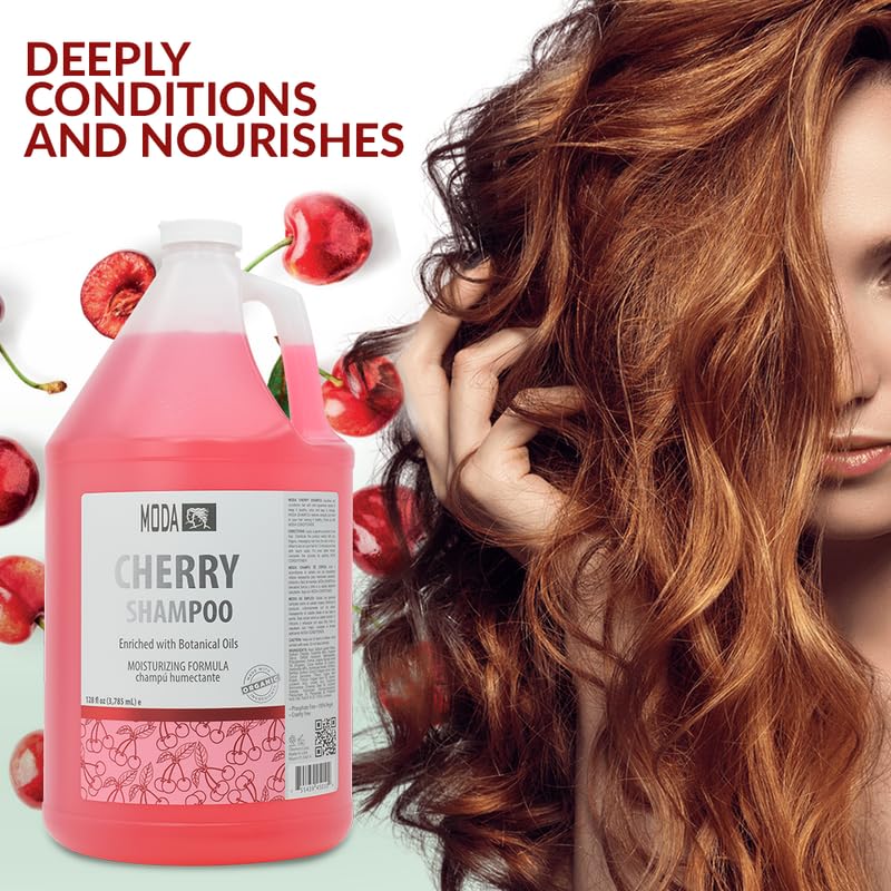 MODA Cherry Shampoo pump-dispense—easy, even distribution for thorough roots-to-tip cleansing.