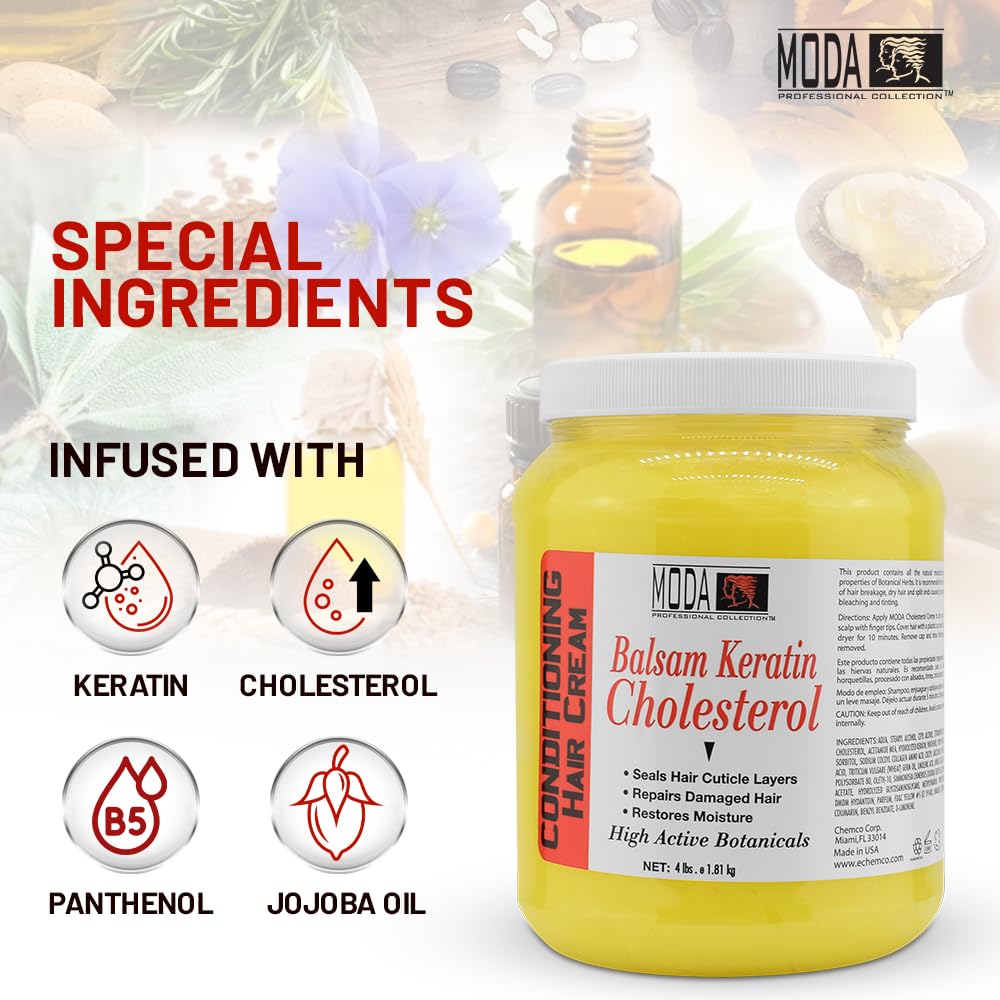 MODA Cholesterol Deep Conditioning Cream keratin-panthenol ingredients closeup highlighting restorative formula.