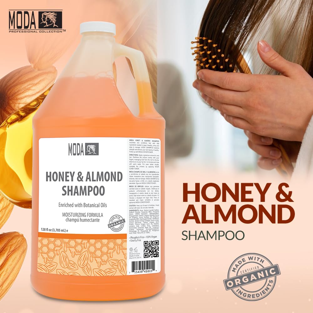 128-ounce MODA Honey Almond Shampoo bottle provides long-lasting salon or home supply.