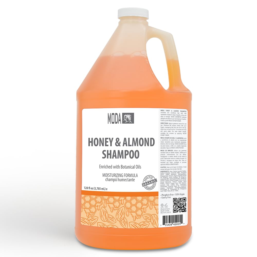 MODA Honey Almond Shampoo bottle showcases professional-grade packaging for all hair types.