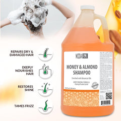 MODA Honey Almond Shampoo ingredients label shows glycerin, keratin, panthenol for hydration and strength.