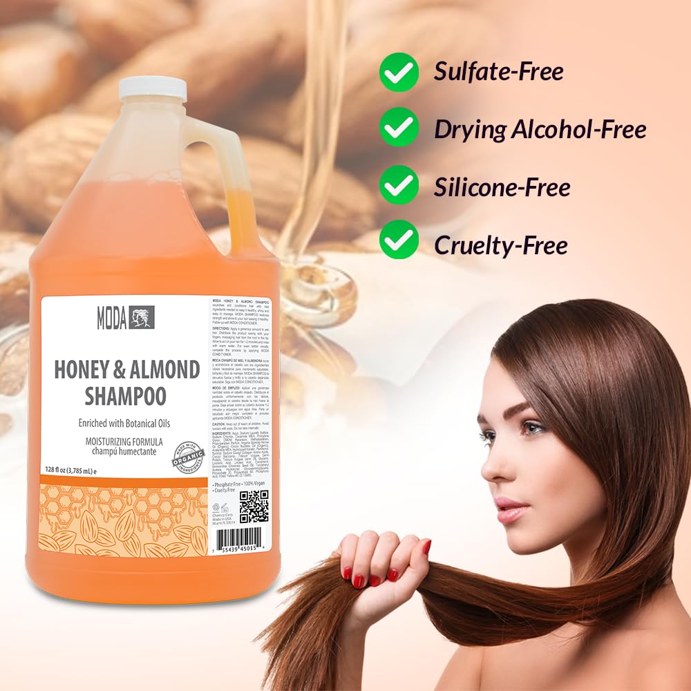 MODA Honey Almond Shampoo lathers into a creamy foam, signaling thorough cleansing.