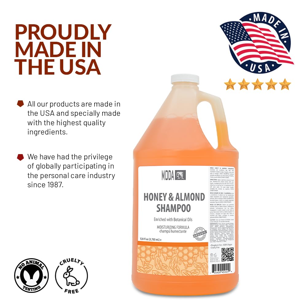 USA-made MODA Honey Almond Shampoo proudly crafted in the USA with quality ingredients.