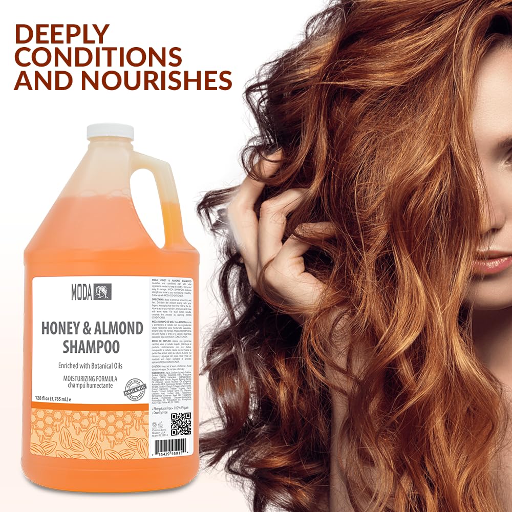 Sulfate-free MODA Honey Almond Shampoo emphasizes gentle cleansing suitable for frequent use.