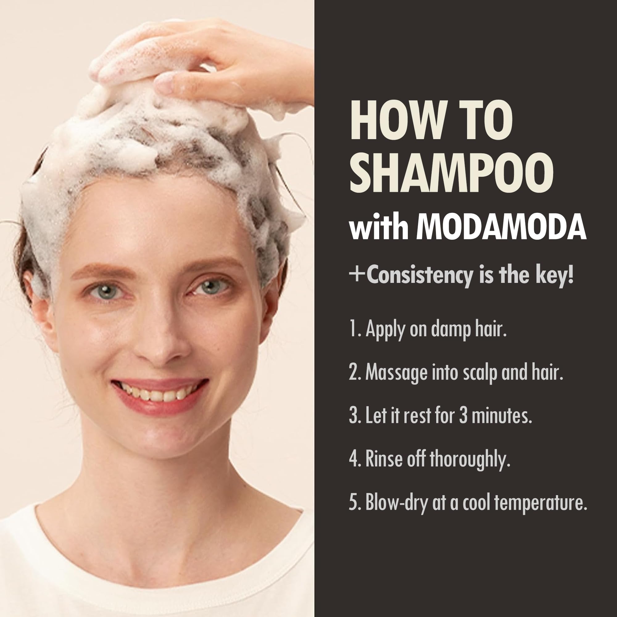 MODA MODA Zero Gray Black Shampoo glossed hair after use conveys softness.