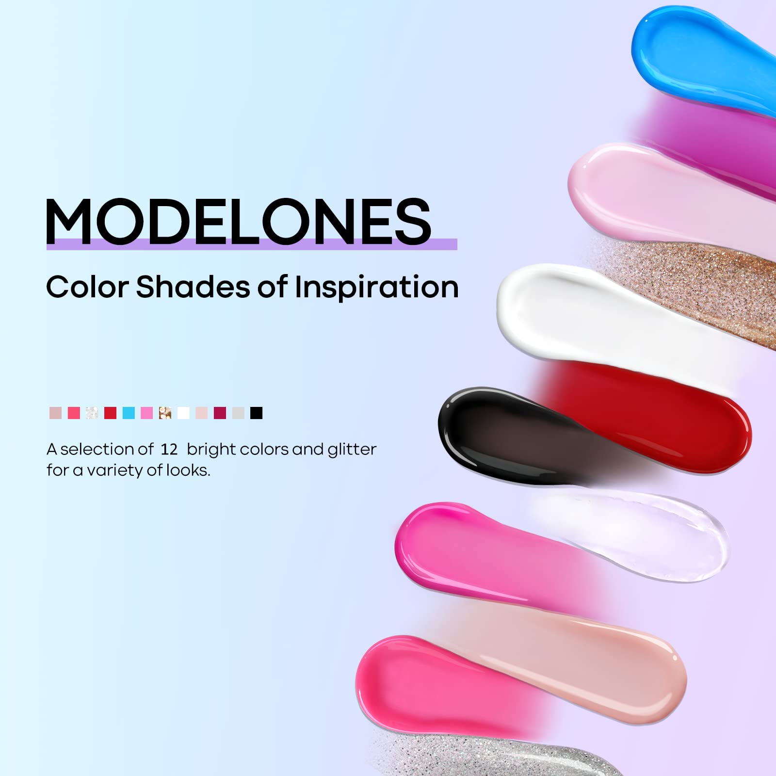 Modelones color swatches from the poly gel kit for easy color matching and nail art