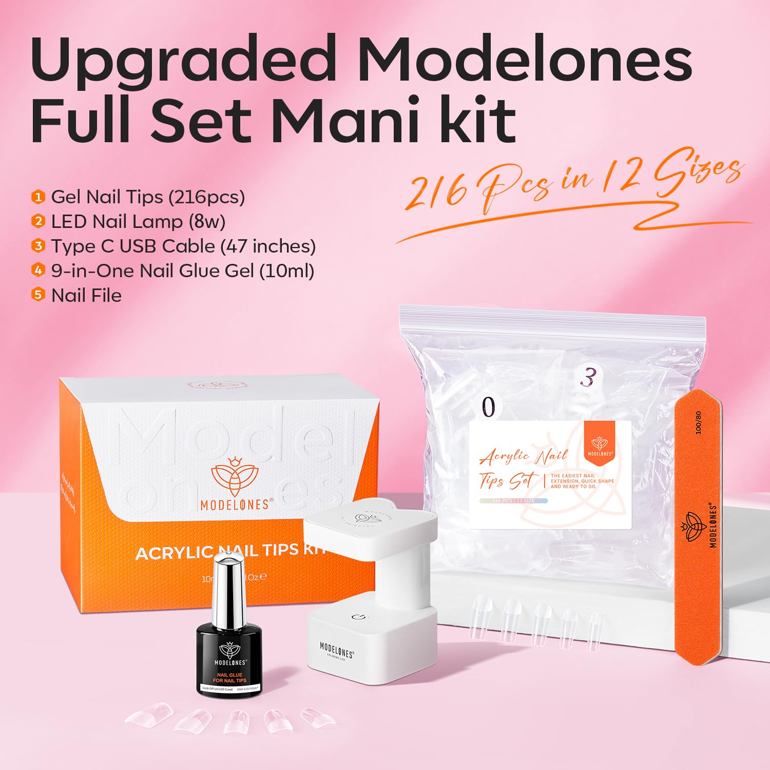 Modelones 216-piece short square nail tips laid out in 12 sizes for precise fit.